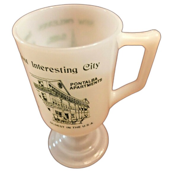 Vintage New Orleans Milk Glass Souvenir Coffee Mug, White W/Green  Pedestal  Cup - Picture 2 of 8